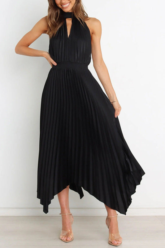 Cocktail Satin Pleated Sleeveless Elegant Choker Midi Dress | Elegant dresses | Pekosa Women Clothing