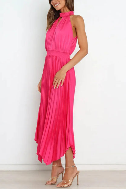 Cocktail Satin Pleated Sleeveless Elegant Choker Midi Dress | Elegant dresses | Pekosa Women Clothing