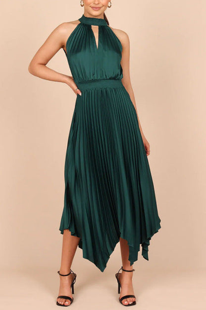 Cocktail Satin Pleated Sleeveless Elegant Choker Midi Dress | Elegant dresses | Pekosa Women Clothing