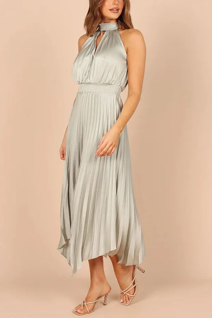 Cocktail Satin Pleated Sleeveless Elegant Choker Midi Dress | Elegant dresses | Pekosa Women Clothing