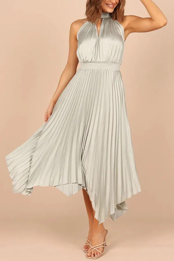 Cocktail Satin Pleated Sleeveless Elegant Choker Midi Dress | Elegant dresses | Pekosa Women Clothing