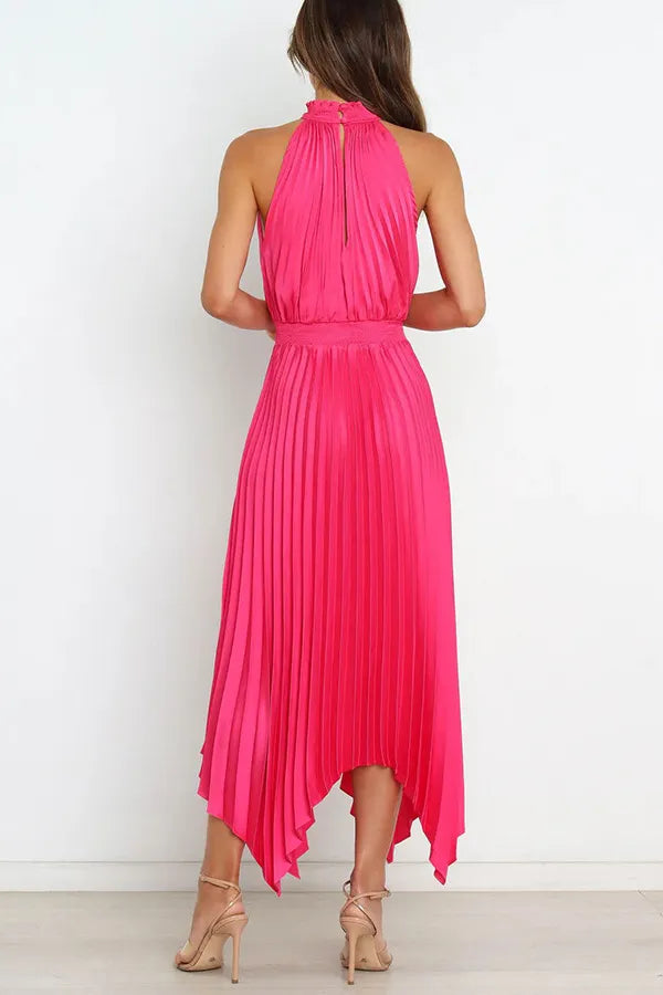 Cocktail Satin Pleated Sleeveless Elegant Choker Midi Dress | Elegant dresses | Pekosa Women Clothing