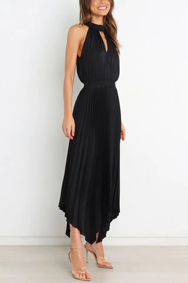 Cocktail Satin Pleated Sleeveless Elegant Choker Midi Dress | Elegant dresses | Pekosa Women Clothing