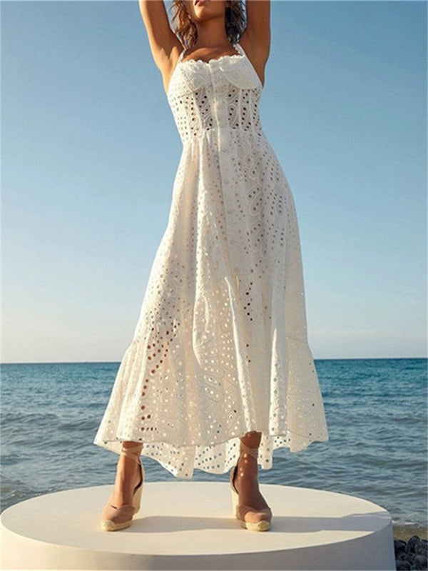 Embroidery Dresses- Romantic Embroidered Eyelet Flounce Balconette Midi Dress- White- IndioGear Clothing and Gear