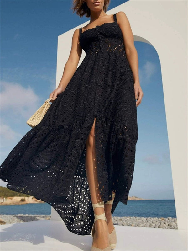 Embroidery Dresses- Romantic Embroidered Eyelet Flounce Balconette Midi Dress- Black- IndioGear Clothing and Gear