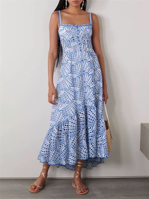 Embroidery Dresses- Romantic Embroidered Eyelet Flounce Balconette Midi Dress- Blue- IndioGear Clothing and Gear