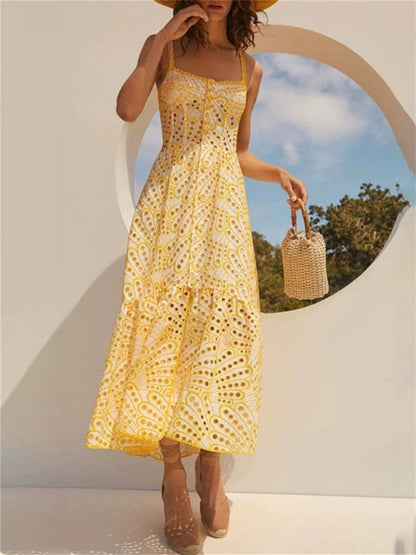 Embroidery Dresses- Romantic Embroidered Eyelet Flounce Balconette Midi Dress- Yellow- IndioGear Clothing and Gear