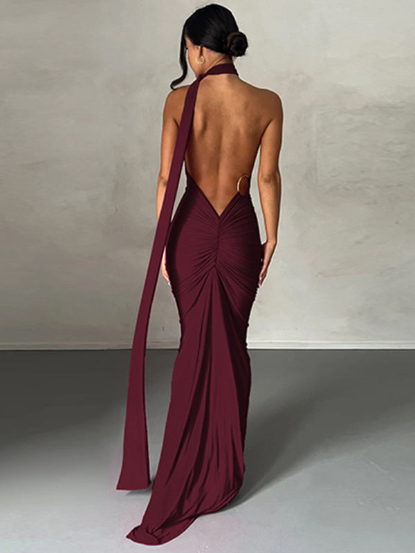 Evening Dresses- Cocktail Parties Couture Backless Tail Maxi Dress- Wine Red- IndioGear Clothing and Gear