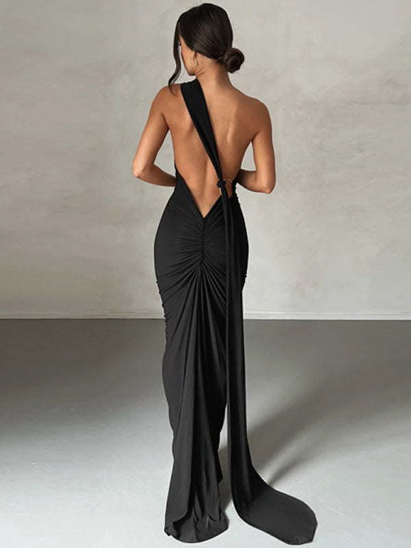 Evening Dresses- Cocktail Parties Couture Backless Tail Maxi Dress- - IndioGear Clothing and Gear