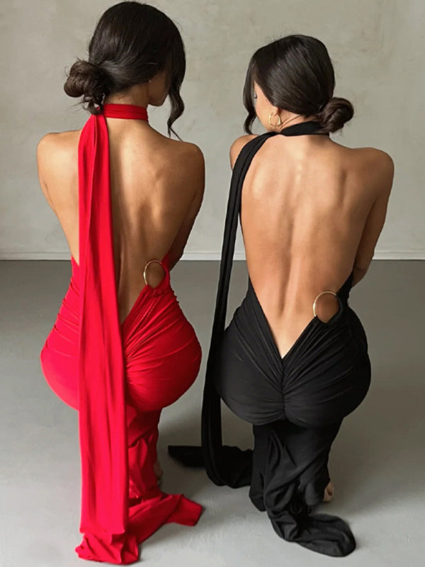 Evening Dresses- Cocktail Parties Couture Backless Tail Maxi Dress- - IndioGear Clothing and Gear