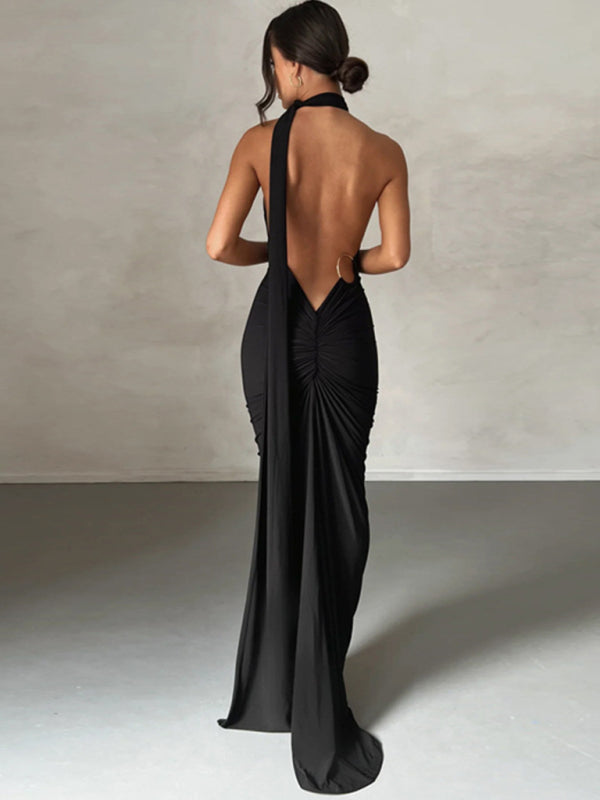 Evening Dresses- Cocktail Parties Couture Backless Tail Maxi Dress- - IndioGear Clothing and Gear