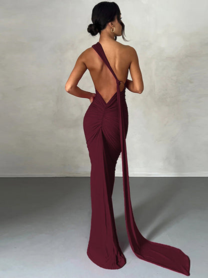 Evening Dresses- Cocktail Parties Couture Backless Tail Maxi Dress- - IndioGear Clothing and Gear