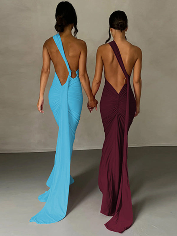 Evening Dresses- Cocktail Parties Couture Backless Tail Maxi Dress- - IndioGear Clothing and Gear