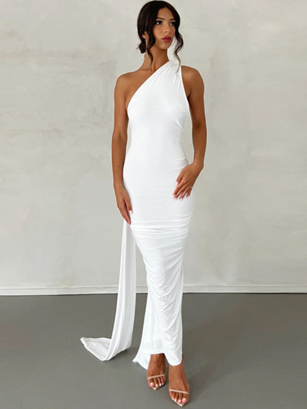 Evening Dresses- Cocktail Parties Couture Backless Tail Maxi Dress- White- IndioGear Clothing and Gear