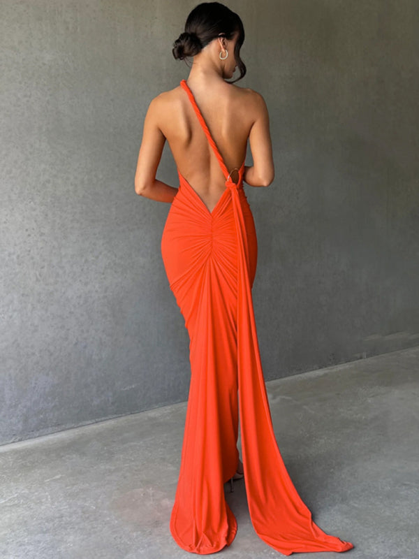 Evening Dresses- Cocktail Parties Couture Backless Tail Maxi Dress- - IndioGear Clothing and Gear