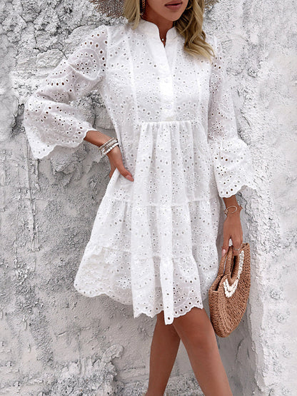 Eyelet Dresses- Lantern Sleeve Eyelet Dress for Summer Days- - IndioGear Fashion and Gear