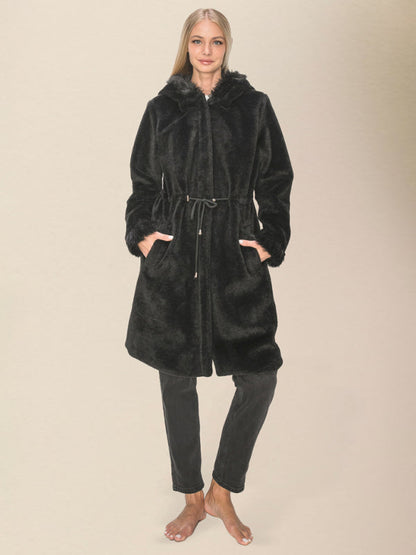 Faux Fur Coats- Cozy Plush Thick Hooded Coat with Pockets for Winter- Black- IndioGear Clothing and Gear