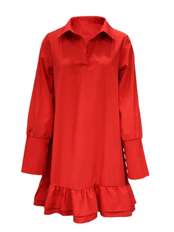 Long Sleeve Collared Solid Tunic Dress with Ruffle Finish