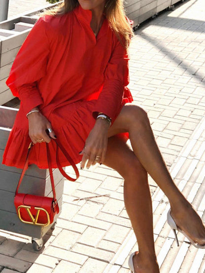 Long Sleeve Collared Solid Tunic Dress with Ruffle Finish