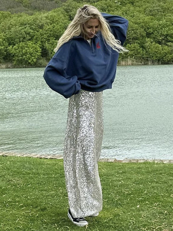 Glitter Gala Festive Sequined Long Sleeve Crop Top with Maxi Skirt