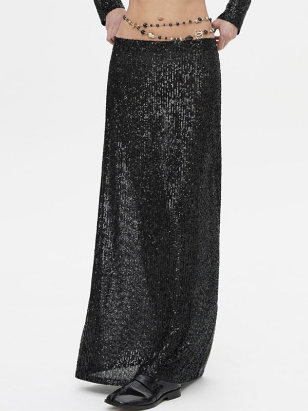 Glitter Gala Festive Sequined Long Sleeve Crop Top with Maxi Skirt