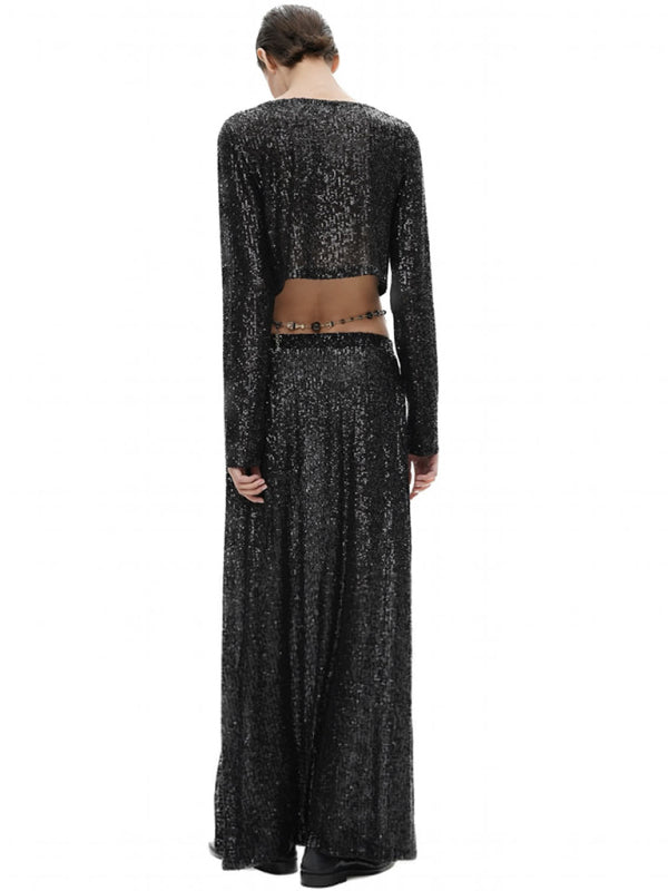 Glitter Gala Festive Sequined Long Sleeve Crop Top with Maxi Skirt