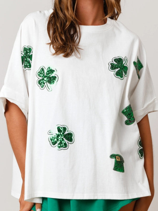 Festive Tees- Oversized Saint Patrick's Day Tee with Sparkling Four-Leaf Clover- - IndioGear Fashion and Gear