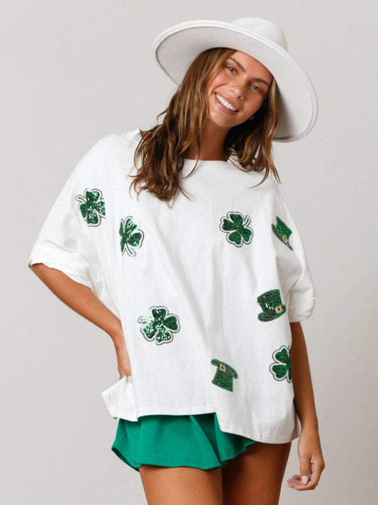 Festive Tees- Oversized Saint Patrick's Day Tee with Sparkling Four-Leaf Clover- White- IndioGear Fashion and Gear