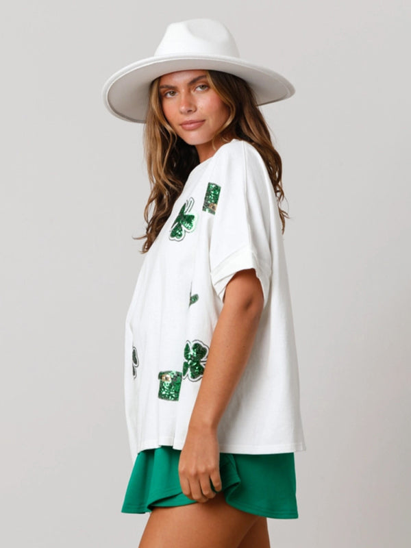 Festive Tees- Oversized Saint Patrick's Day Tee with Sparkling Four-Leaf Clover- - IndioGear Fashion and Gear