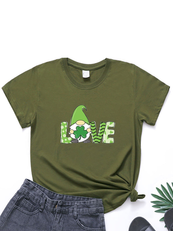 Festive Tees- St. Paddy's Day Crew Neck T-Shirt in Cotton with Leprechaun Charm- Olive green- IndioGear Fashion and Gear