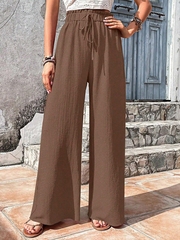 Flared Pants- Textured High-Waist Palazzo Flared Pants- Coffee- IndioGear Clothing and Gear