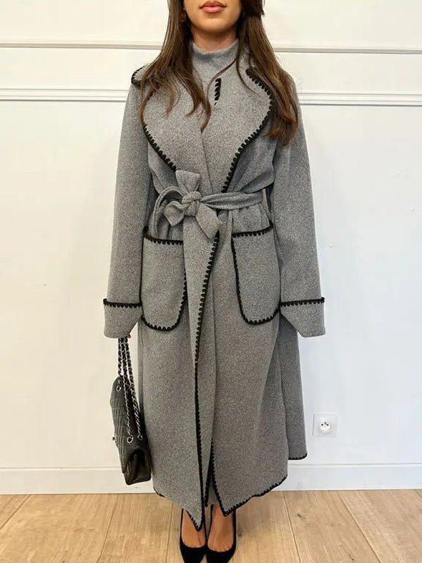 Fleece Coat- Winter Embroidered Faux Wool Wrap Belted Coat- Grey- IndioGear Clothing and Gear