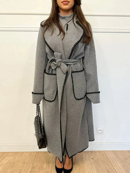 Fleece Coat- Winter Embroidered Faux Wool Wrap Belted Coat- Grey- IndioGear Clothing and Gear