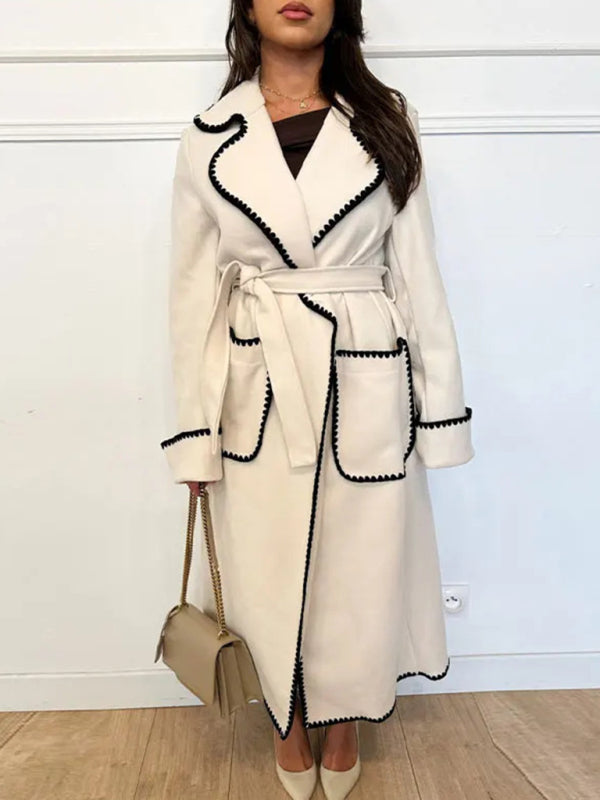 Fleece Coat- Winter Embroidered Faux Wool Wrap Belted Coat- White- IndioGear Clothing and Gear