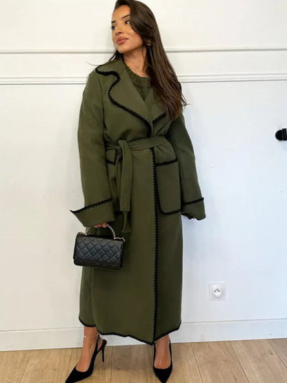 Fleece Coat- Winter Embroidered Faux Wool Wrap Belted Coat- Olive green- IndioGear Clothing and Gear