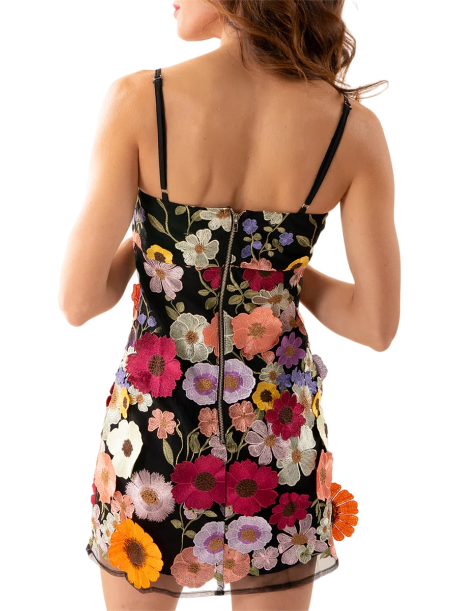 Floral Applique Dresses- Elegant Bouquet Floral Applique Cami Mini Dress- - Pekosa Women Clothing