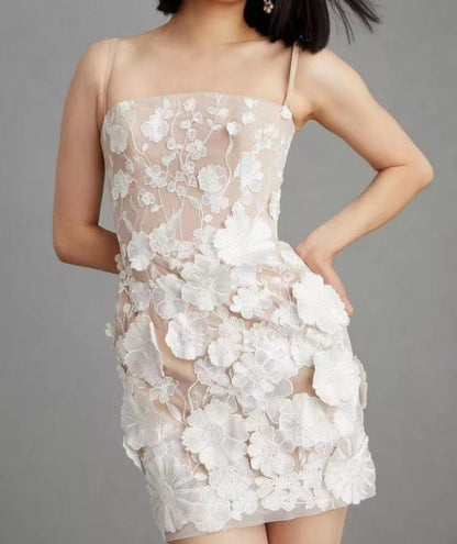 Floral Applique Dresses- Elegant Bouquet Floral Applique Cami Mini Dress- White- Pekosa Women Clothing