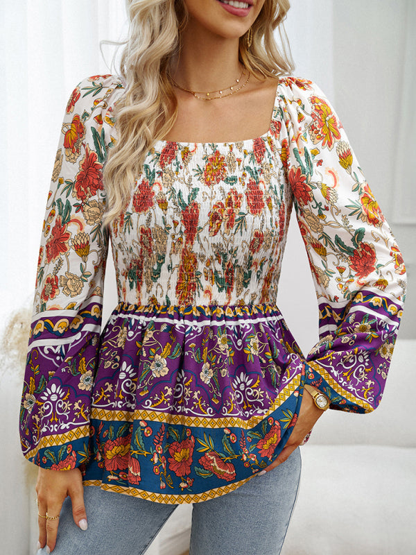 Floral Blouses- Autumn Floral Balloon Sleeve Top - Square Neck Smocked Blouse- Purple- Pekosa Women Clothing