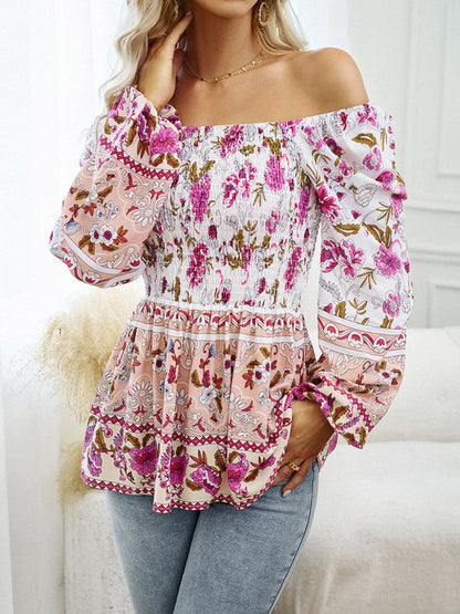 Floral Blouses- Autumn Floral Balloon Sleeve Top - Square Neck Smocked Blouse- - Pekosa Women Clothing