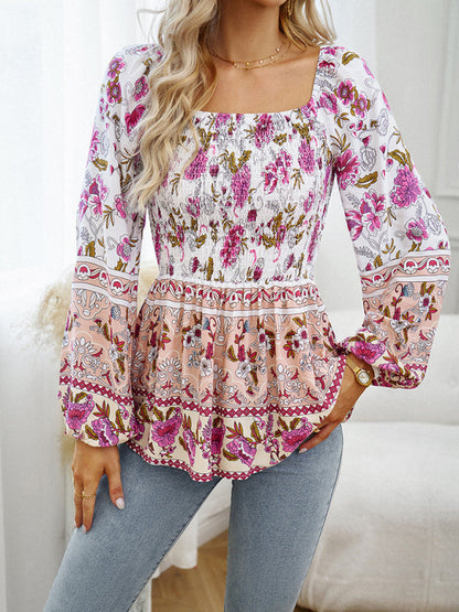 Floral Blouses- Autumn Floral Balloon Sleeve Top - Square Neck Smocked Blouse- - Pekosa Women Clothing