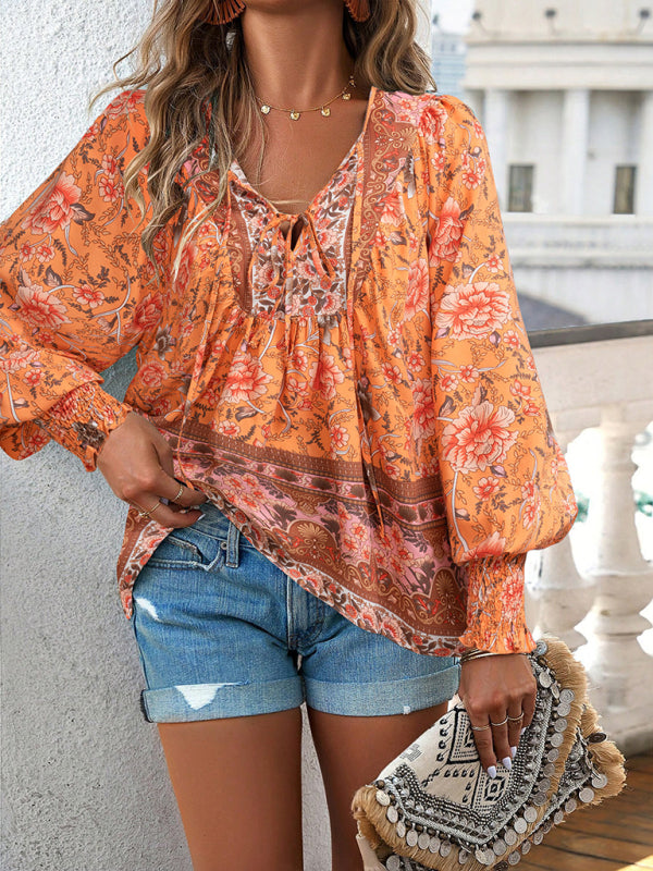 Floral Blouses-Floral Boho-Inspired Blouse with Lantern Sleeves-Pekosa Women Clothing