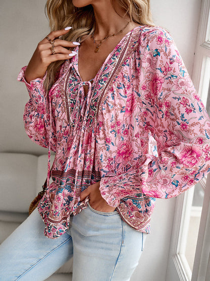 Floral Blouses-Floral Boho-Inspired Blouse with Lantern Sleeves-Pekosa Women Clothing