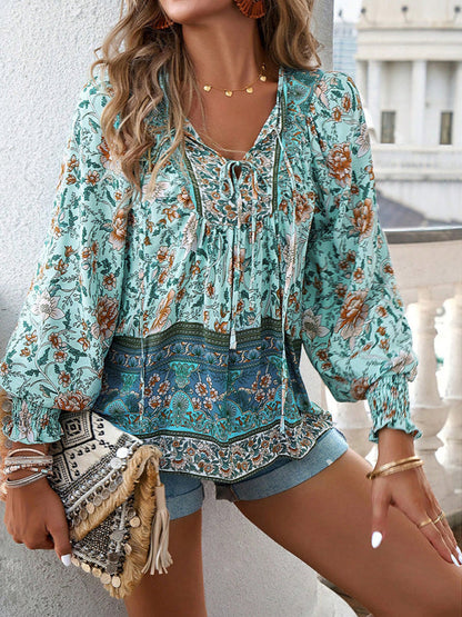 Floral Blouses-Floral Boho-Inspired Blouse with Lantern Sleeves-Pekosa Women Clothing