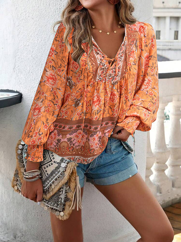 Floral Blouses-Floral Boho-Inspired Blouse with Lantern Sleeves-Pekosa Women Clothing