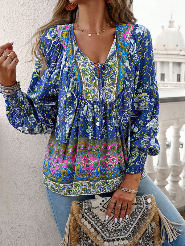 Floral Blouses-Floral Boho-Inspired Blouse with Lantern Sleeves-Pekosa Women Clothing