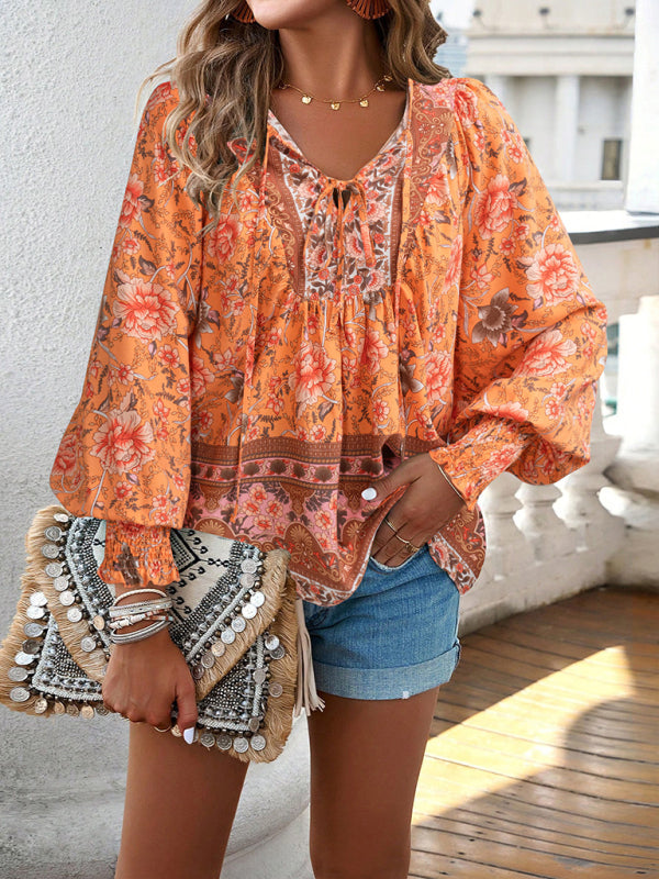 Floral Blouses-Floral Boho-Inspired Blouse with Lantern Sleeves-Pekosa Women Clothing