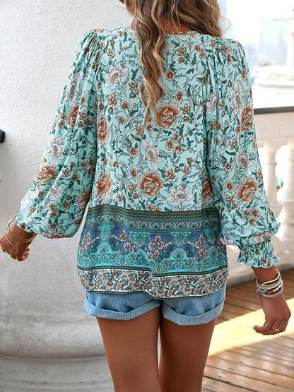 Floral Blouses-Floral Boho-Inspired Blouse with Lantern Sleeves-Pekosa Women Clothing