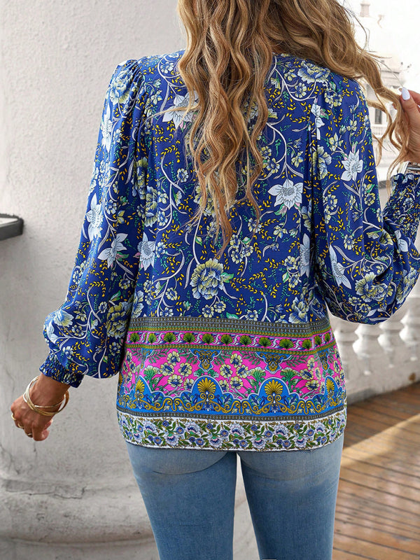 Floral Blouses-Floral Boho-Inspired Blouse with Lantern Sleeves-Pekosa Women Clothing