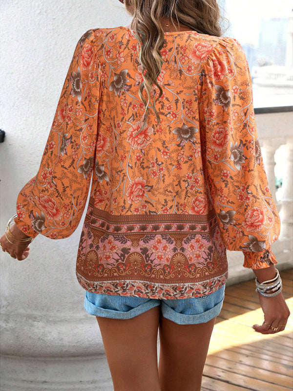 Floral Blouses-Floral Boho-Inspired Blouse with Lantern Sleeves-Pekosa Women Clothing