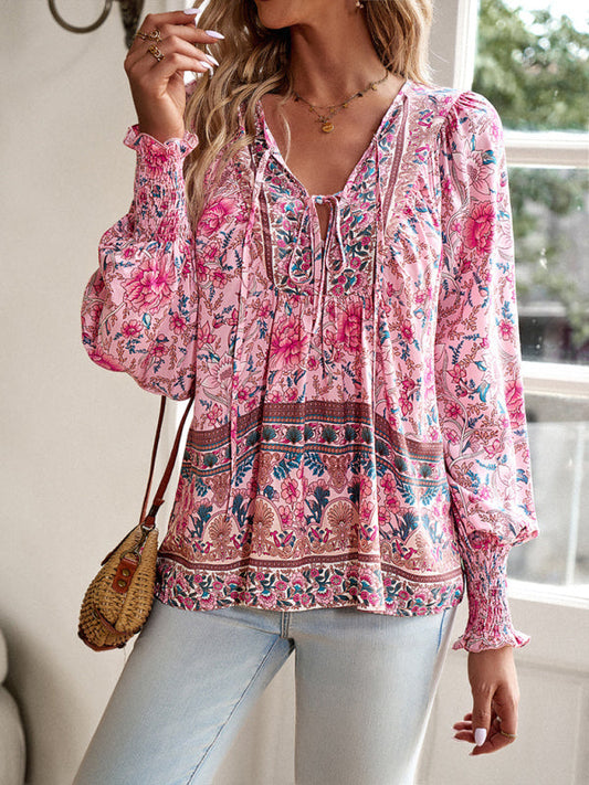 Floral Blouses-Floral Boho-Inspired Blouse with Lantern Sleeves-Pekosa Women Clothing